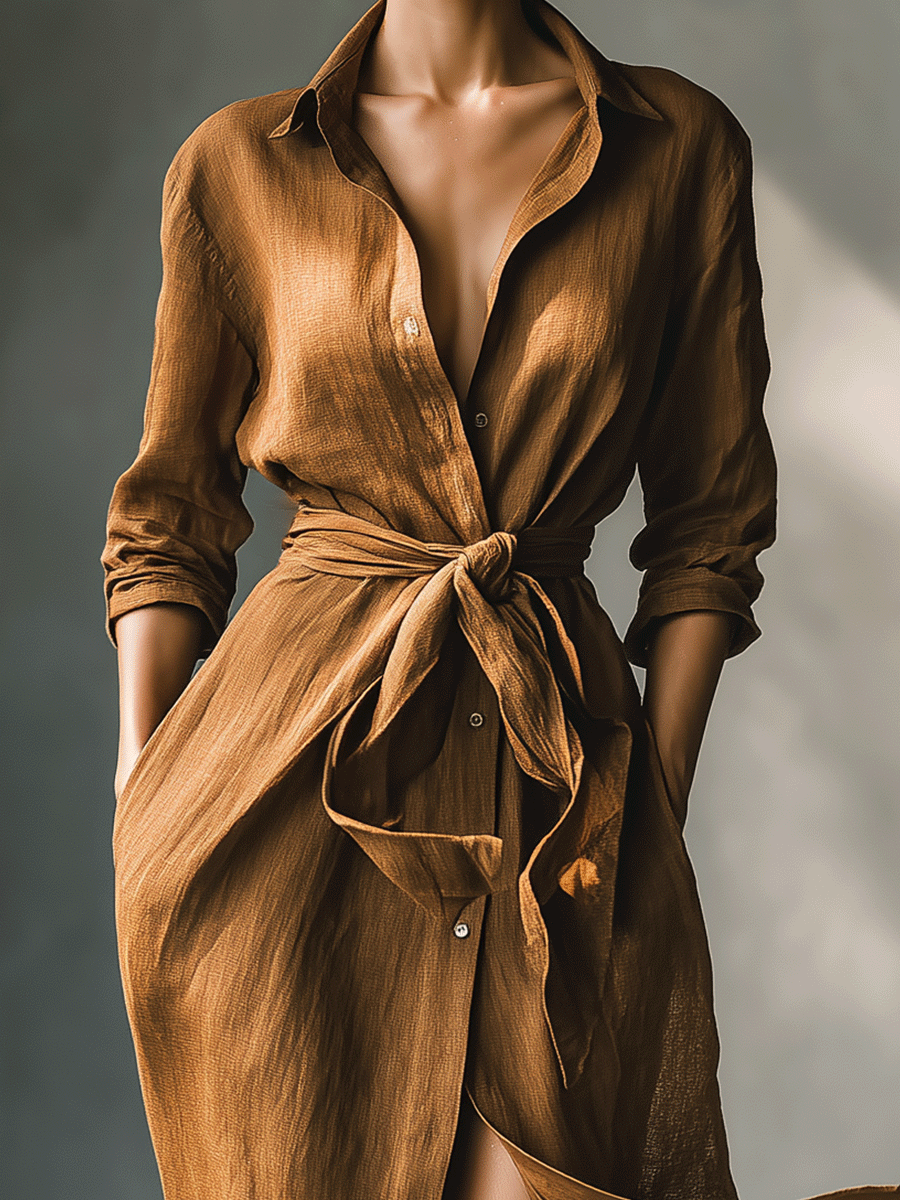 Effortless Brown Shirt Dress for Women with Collar V Neck Tie Waist Long Sleeve Linen Casual Maxi Style