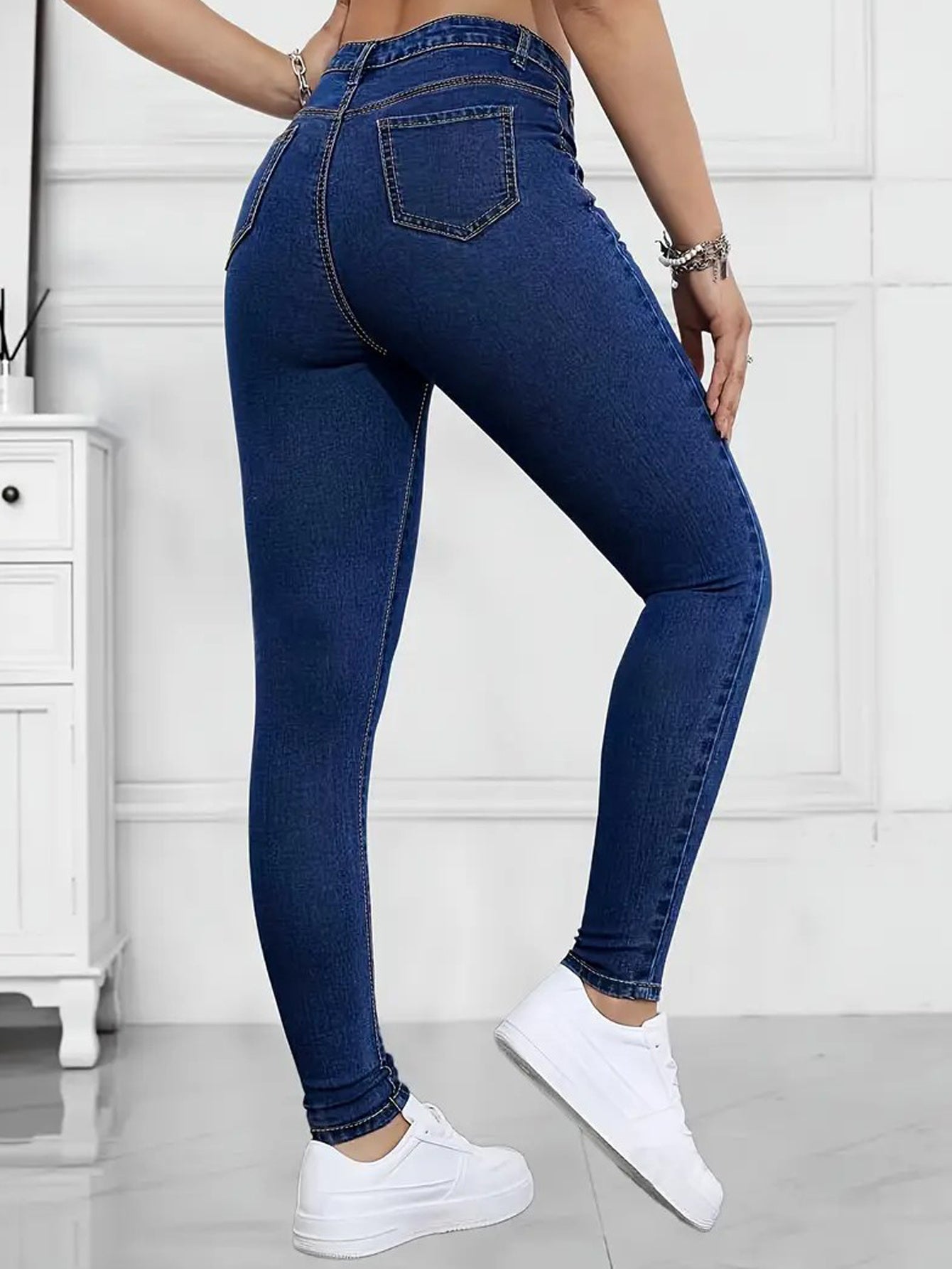 Effortless Dark Blue Relaxed Skinny Jeans for Women with High Waist Slim Fit Stretch Denim