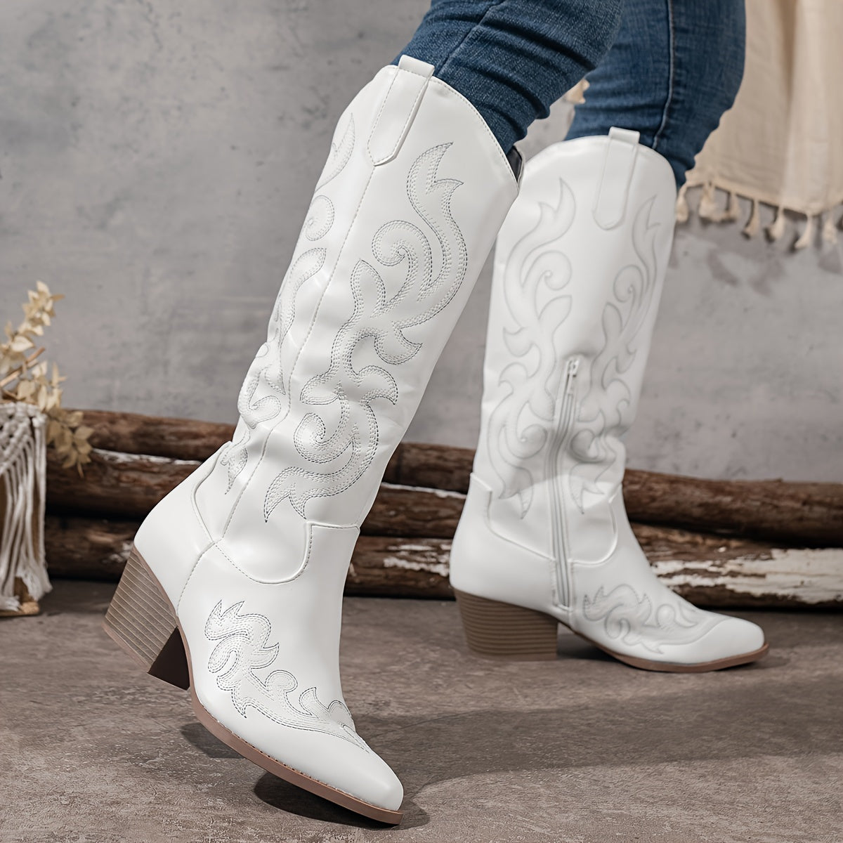Trendy White Western Boots for Women with Embroidered Shaft Block Heel Tall Cowboy Style