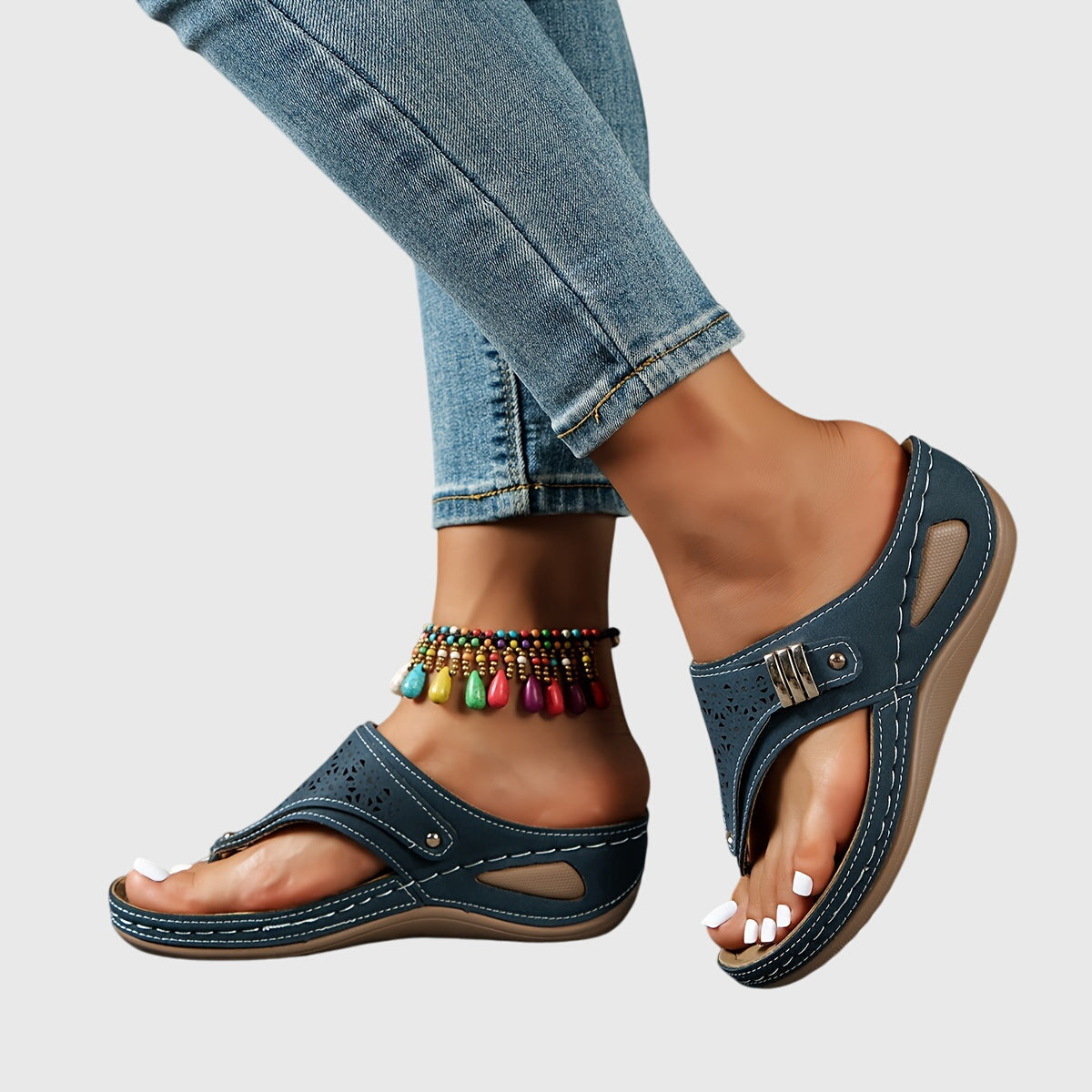 Comfortable Orthopedic Sandals for Women with Laser Cut Buckle Strap Toe Loop Wedge Platform Flip Flop Style