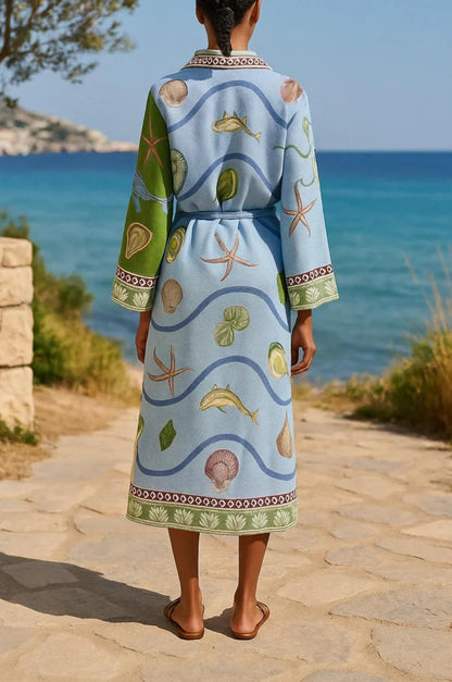 Effortless Blue Print Maxi Dress for Women with Collared Button Front Long Sleeve Belted Flowing Style