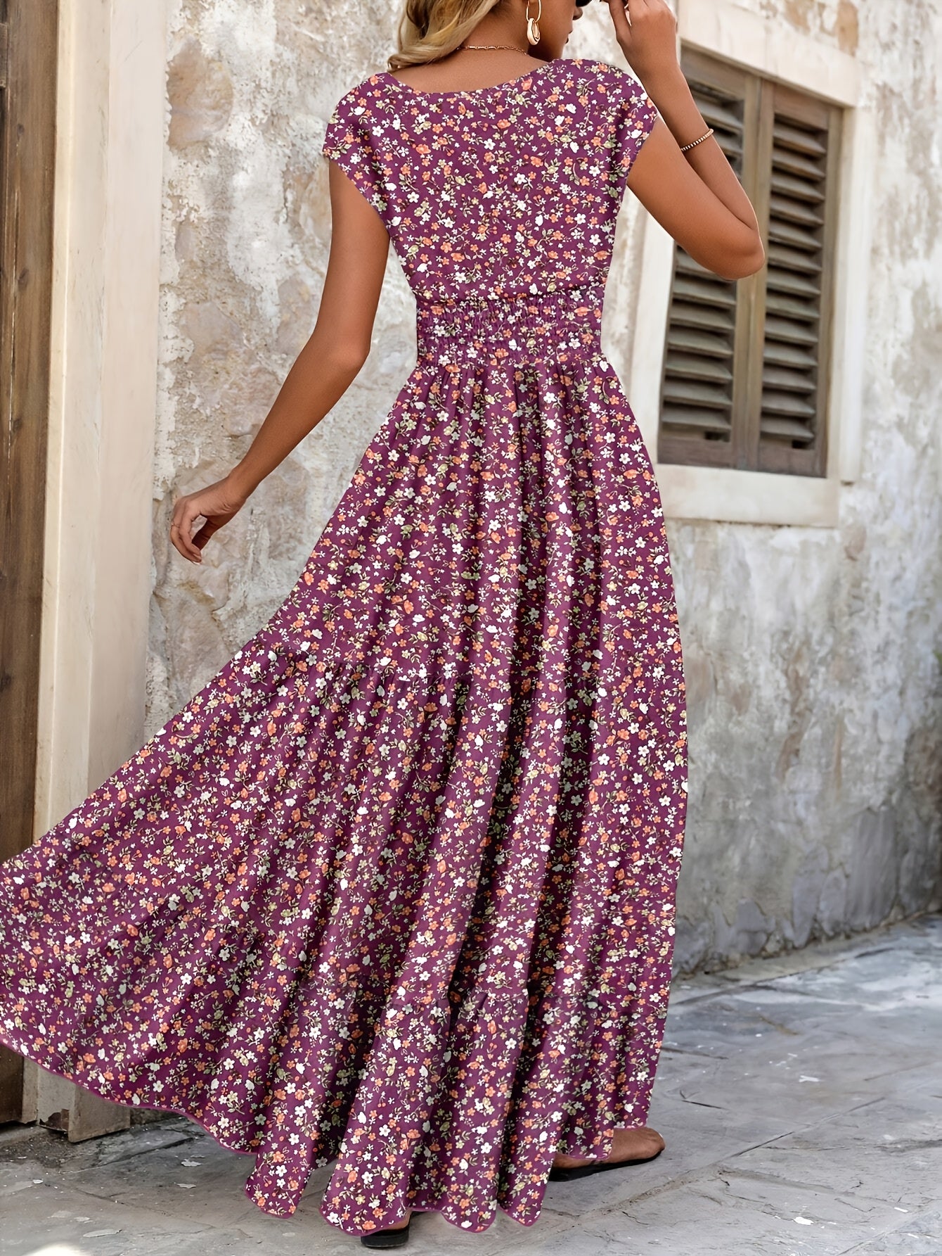Effortless Floral Boho Dress for Women with V Neck Cap Sleeve Smocked Waist Tiered Flowing Style