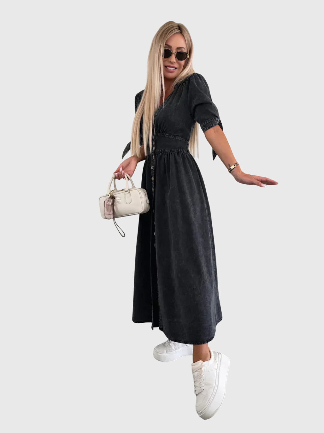 Effortless Denim Midi Dress for Women with V-Neck Button Front Elbow Sleeve Casual Style
