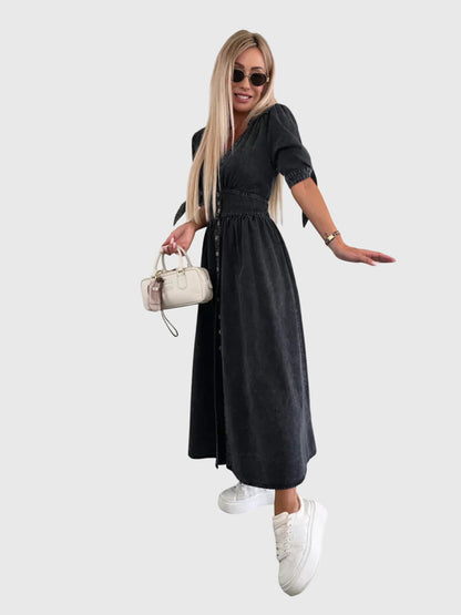 Effortless Denim Midi Dress for Women with V-Neck Button Front Elbow Sleeve Casual Style