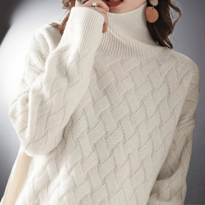 Comfortable Basketweave Knit Sweater for Women with Turtleneck Long Sleeve Relaxed Oversized Style
