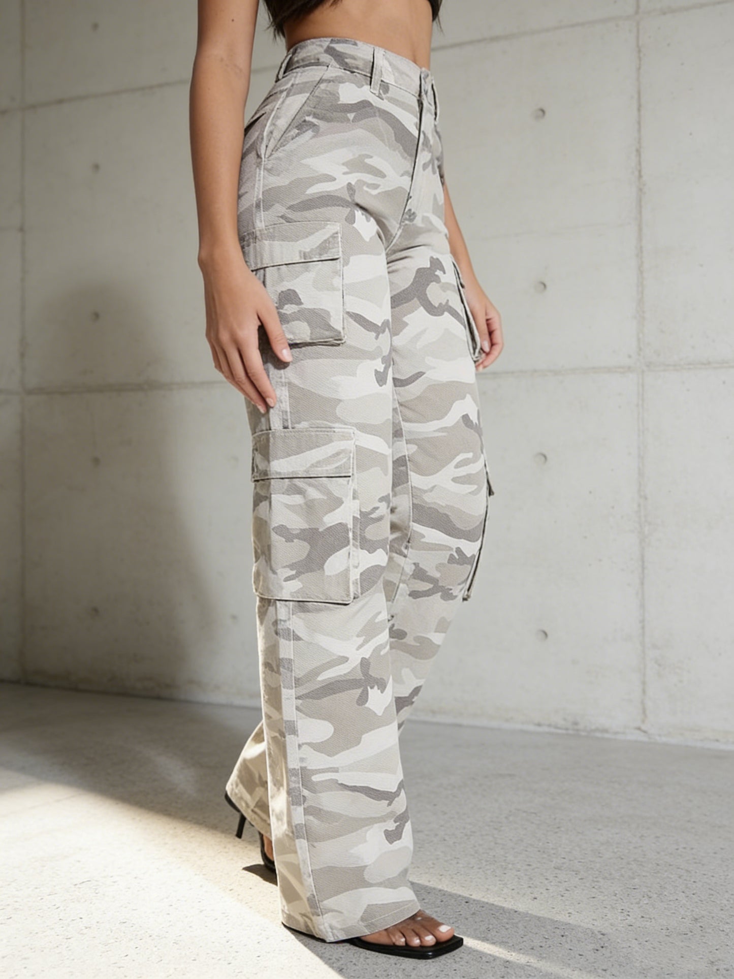 Effortless Grey Camo Pants for Women with High Waist Cargo Pocket Wide Leg Relaxed Style