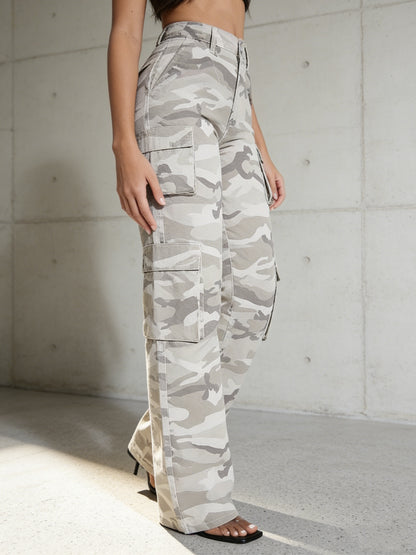 Effortless Grey Camo Pants for Women with High Waist Cargo Pocket Wide Leg Relaxed Style