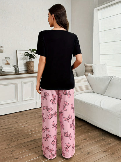 Comfortable Bow Print Maternity Pajama Set for Women with Round Neck Short Sleeve Wide Leg Two Piece Style