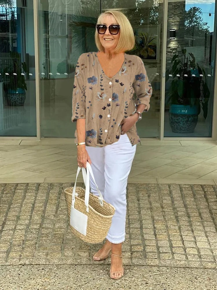 Effortless Floral Print Tunic for Women with V Neck Elbow Sleeve Button Front Relaxed Style