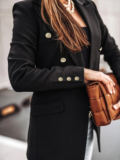 Elegant Blazer for Women with Notched Lapel Long Sleeve Double Breasted Gold Button Workwear Style
