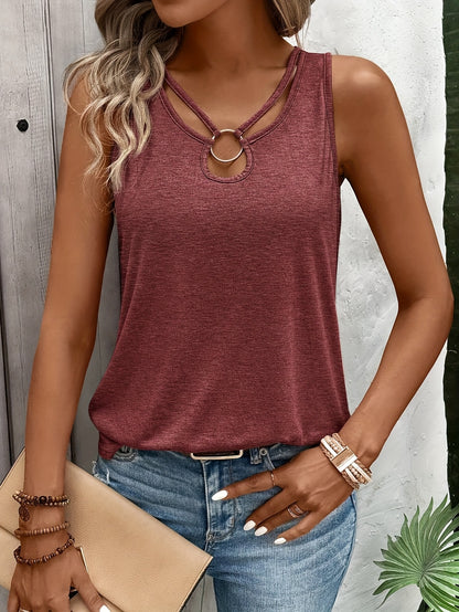 Effortless Heathered Tank Top for Women with Strappy Ring Keyhole Neck Sleeveless Racerback Style