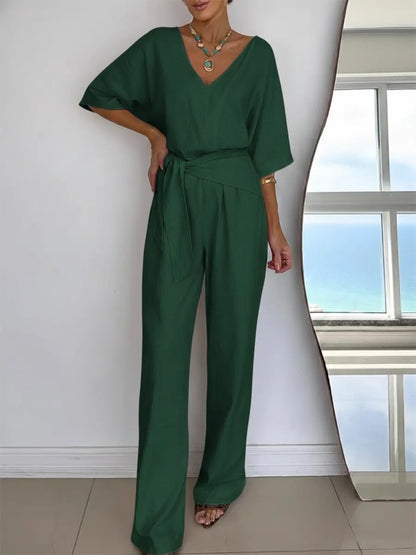 Effortless Linen Jumpsuit for Women with V Neck Half Sleeve Wide Leg Tie Waist Relaxed Style