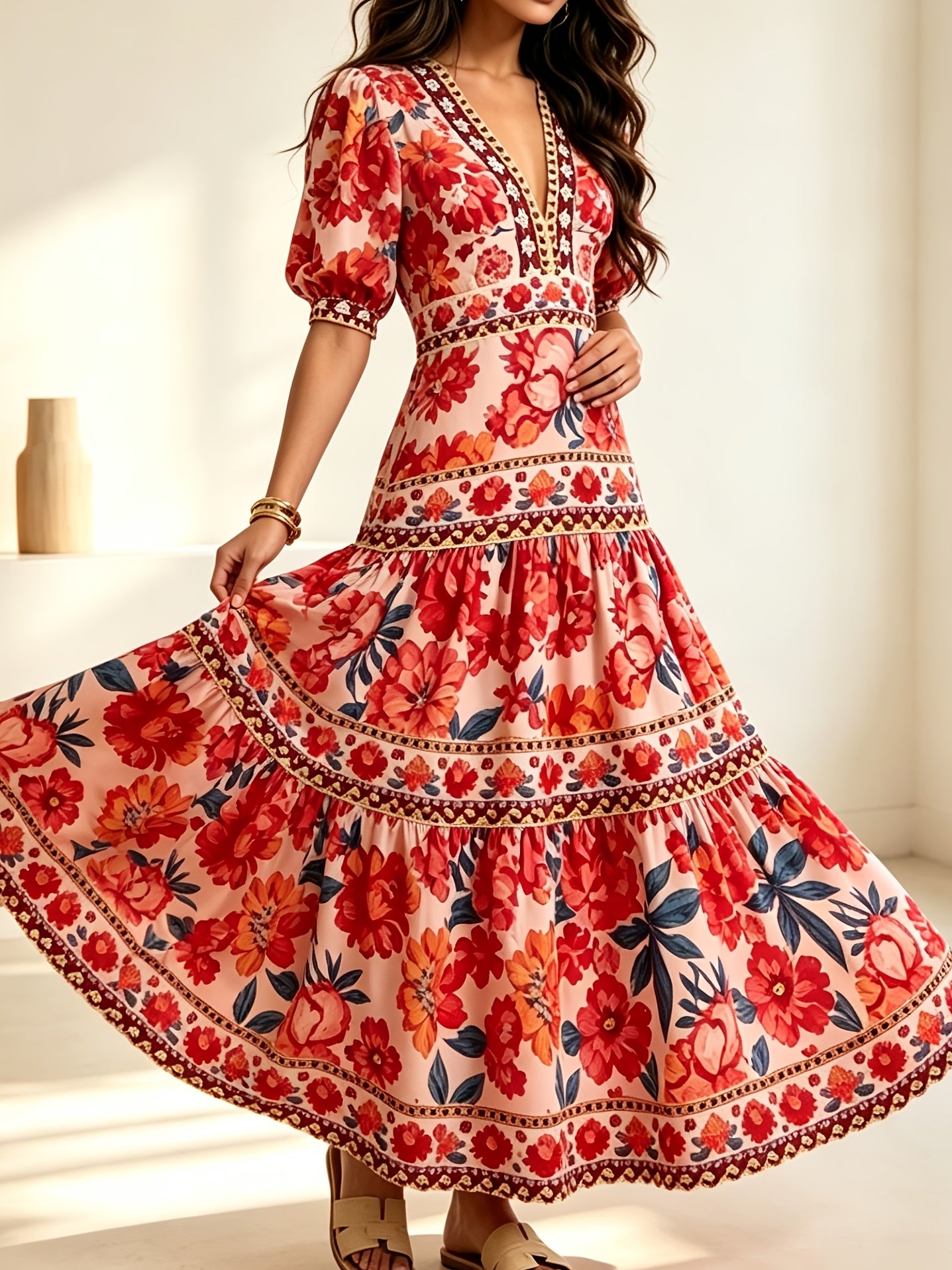 Effortless Floral Print Boho Dress for Women with V Neck Puff Sleeve Tiered Maxi Flowing Style
