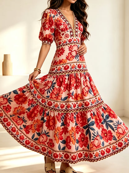 Effortless Floral Print Boho Dress for Women with V Neck Puff Sleeve Tiered Maxi Flowing Style