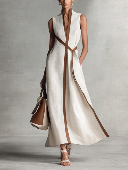 Elegant White Linen Maxi Dress for Women with V Neck Contrast Belt Tie Waist Sleeveless Casual Style