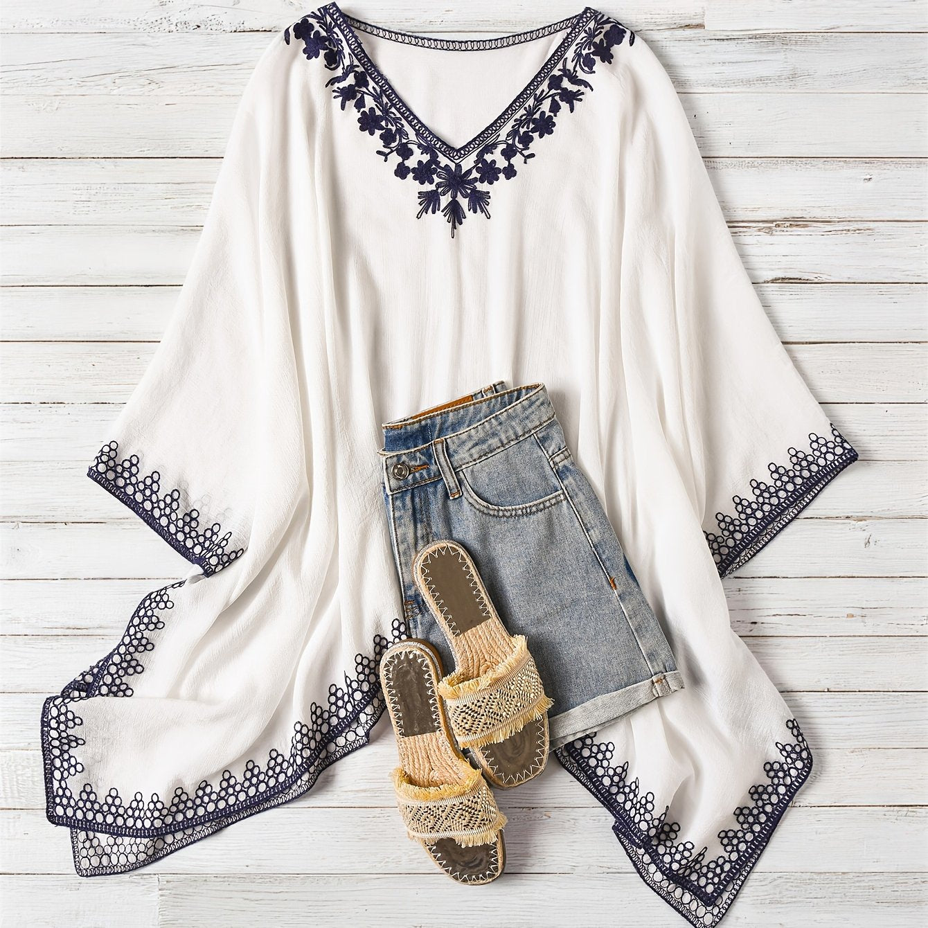 Effortless Poncho Shirt for Women with V Neck Embroidered Trim Draped Batwing Style