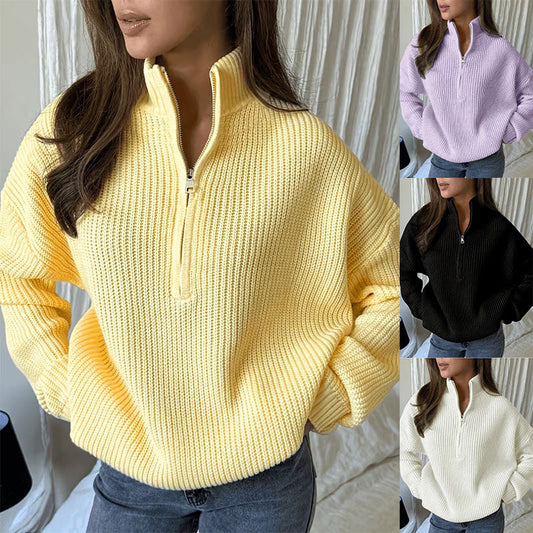 Cozy Ribbed Quarter-Zip Knit Sweater for Women with Stand Collar Long Sleeve Drop Shoulder Pullover Style