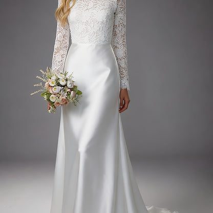 Elegant Lace Wedding Gown for Women with Round Neck Long Sleeve A Line Satin Train Bridal Style