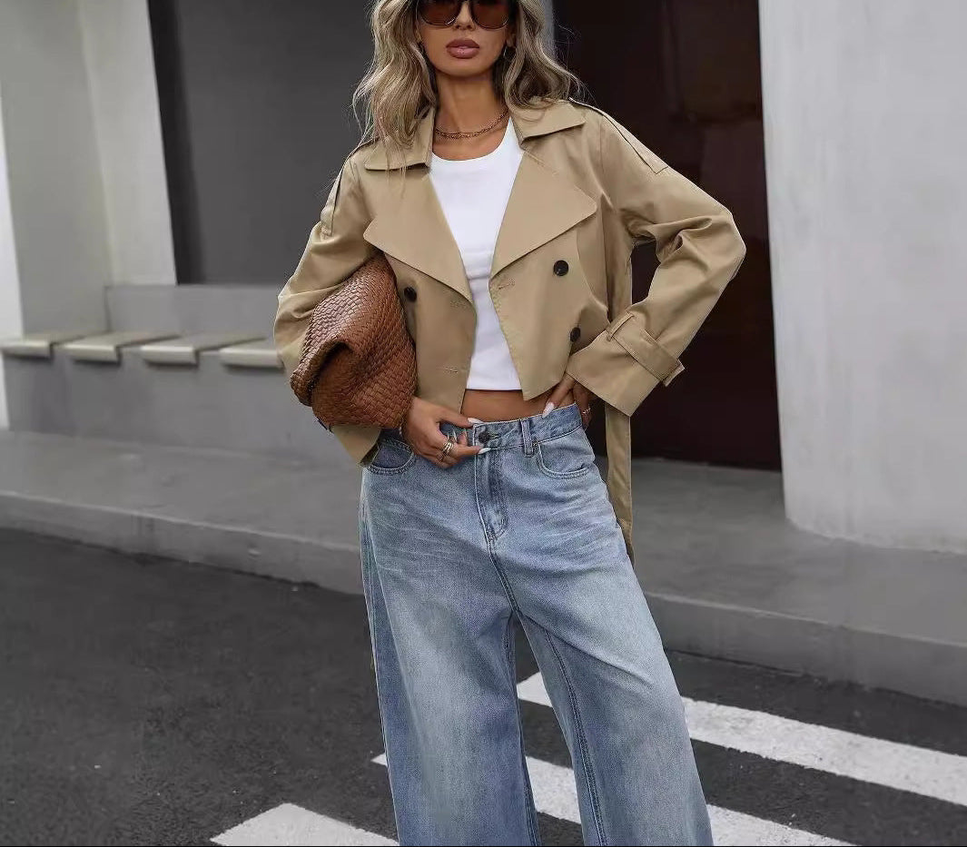 Effortless Khaki Trench Coat for Women with Notched Lapel Long Sleeve Cropped Double Breasted Style