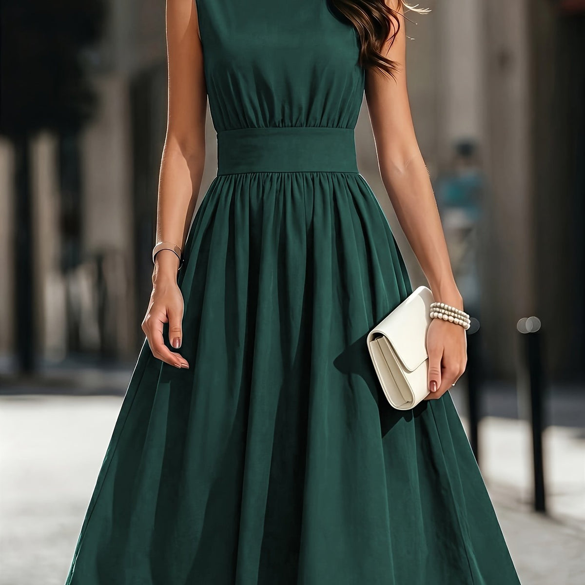 Refined Semi Formal Dress for Women with Round Neck Sleeveless Shirred Waist Fit and Flare Midi Party Style