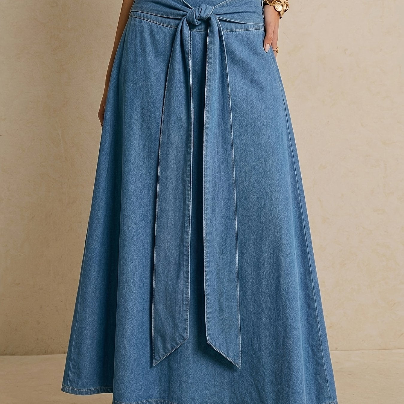 Effortless Blue Denim Maxi Skirt for Women with Tie Waist A Line Flowing Style