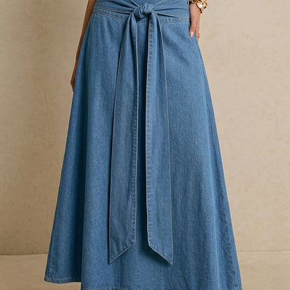 Effortless Blue Denim Maxi Skirt for Women with Tie Waist A Line Flowing Style