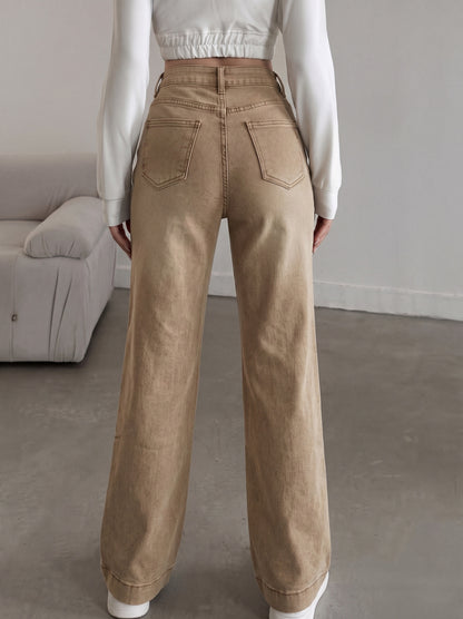 Effortless Brown Wash Flare Jeans for Women with High Waist Button Front Pocket Detail Relaxed Style