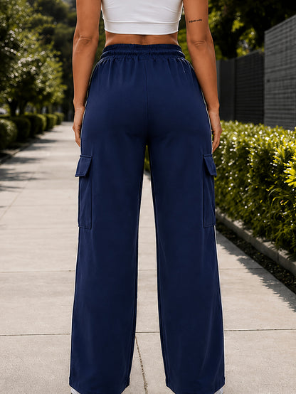 Effortless Wide Leg Cargo Pants for Women with High Waist Drawstring Side Stripe Relaxed Casual Style
