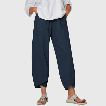Effortless Navy Linen Tapered Pants for Women with High Waist Drawstring Cropped Relaxed Casual Style