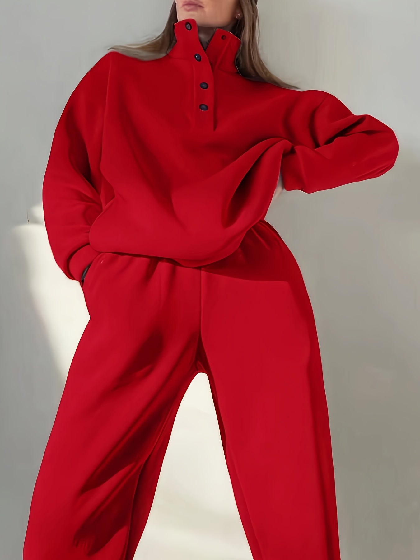 Comfortable Fleece Sweatsuit for Women with Mock Neck Snap Button Long Sleeve Oversized Two Piece Style