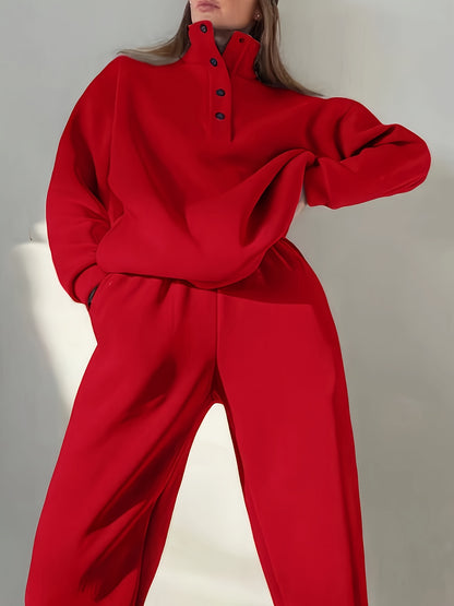 Comfortable Fleece Sweatsuit for Women with Mock Neck Snap Button Long Sleeve Oversized Two Piece Style