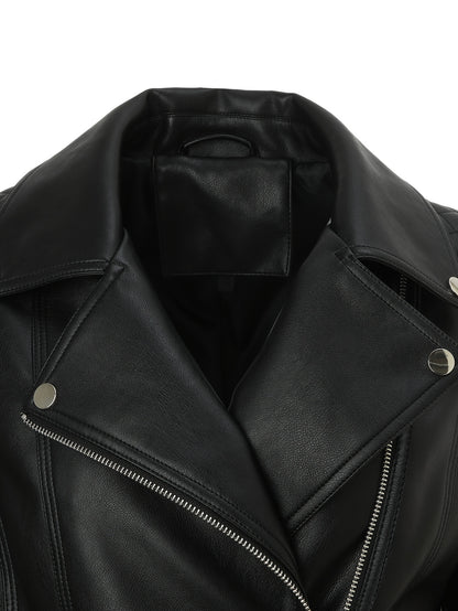 Elegant Leather Moto Jacket for Women with Notch Lapel Asymmetric Zip Front Fitted Style