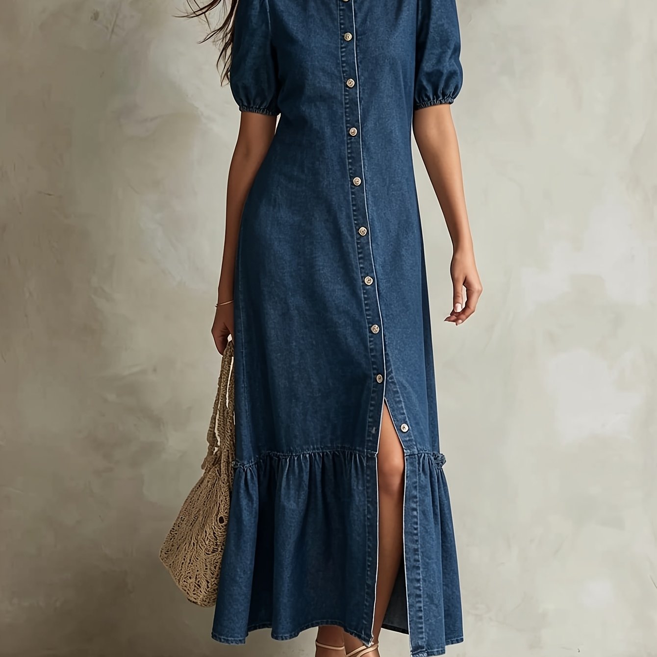 Effortless Blue Denim Dress for Women with Round Neck Elbow Sleeve Button Front Tiered Maxi Style