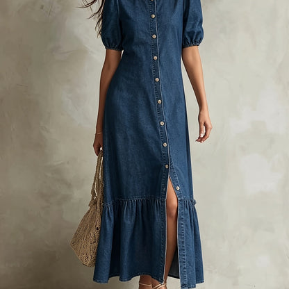 Effortless Blue Denim Dress for Women with Round Neck Elbow Sleeve Button Front Tiered Maxi Style