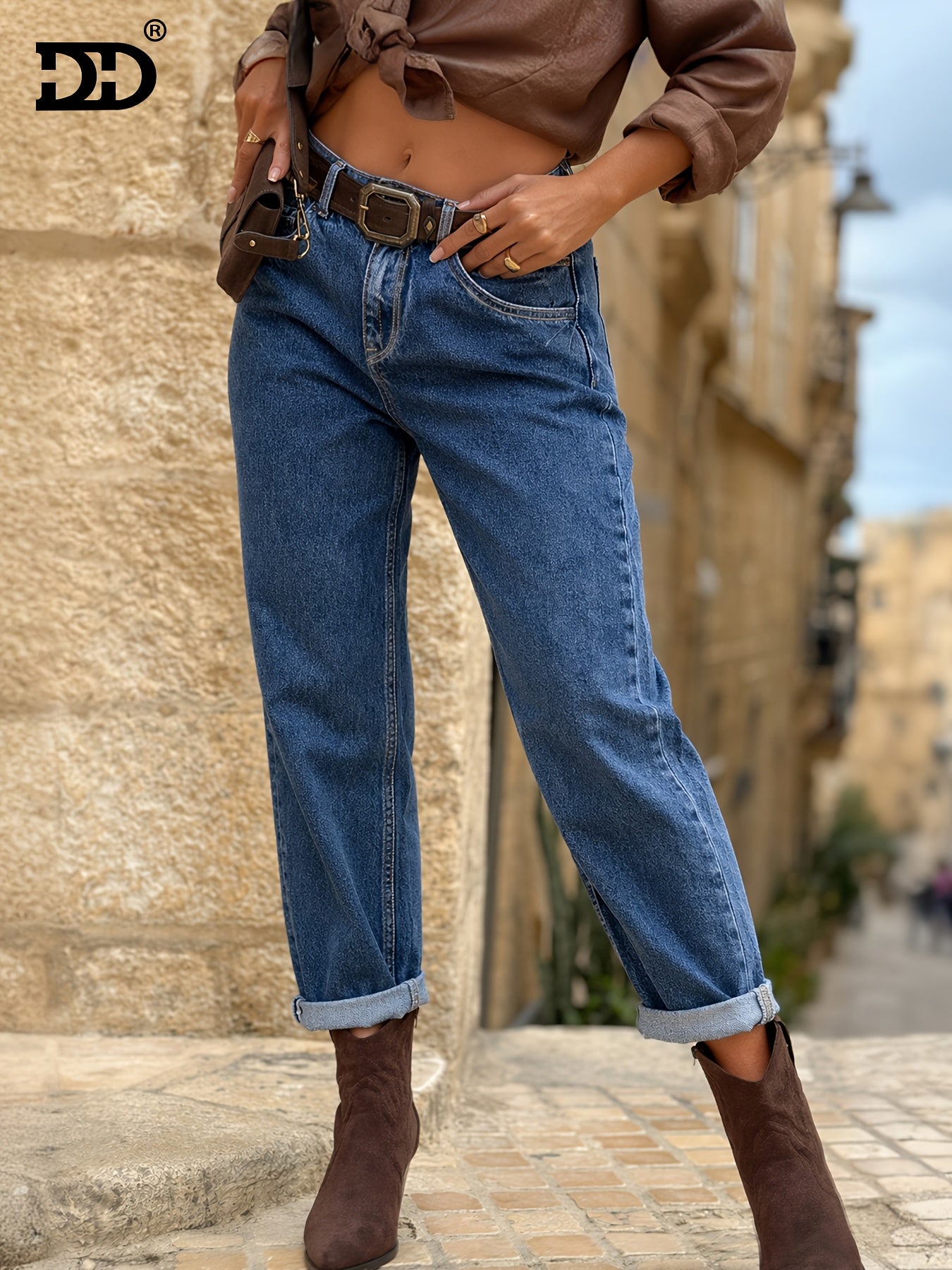Effortless Deep Blue Relaxed Mom Jeans for Women with High Waist Cuffed Straight Leg