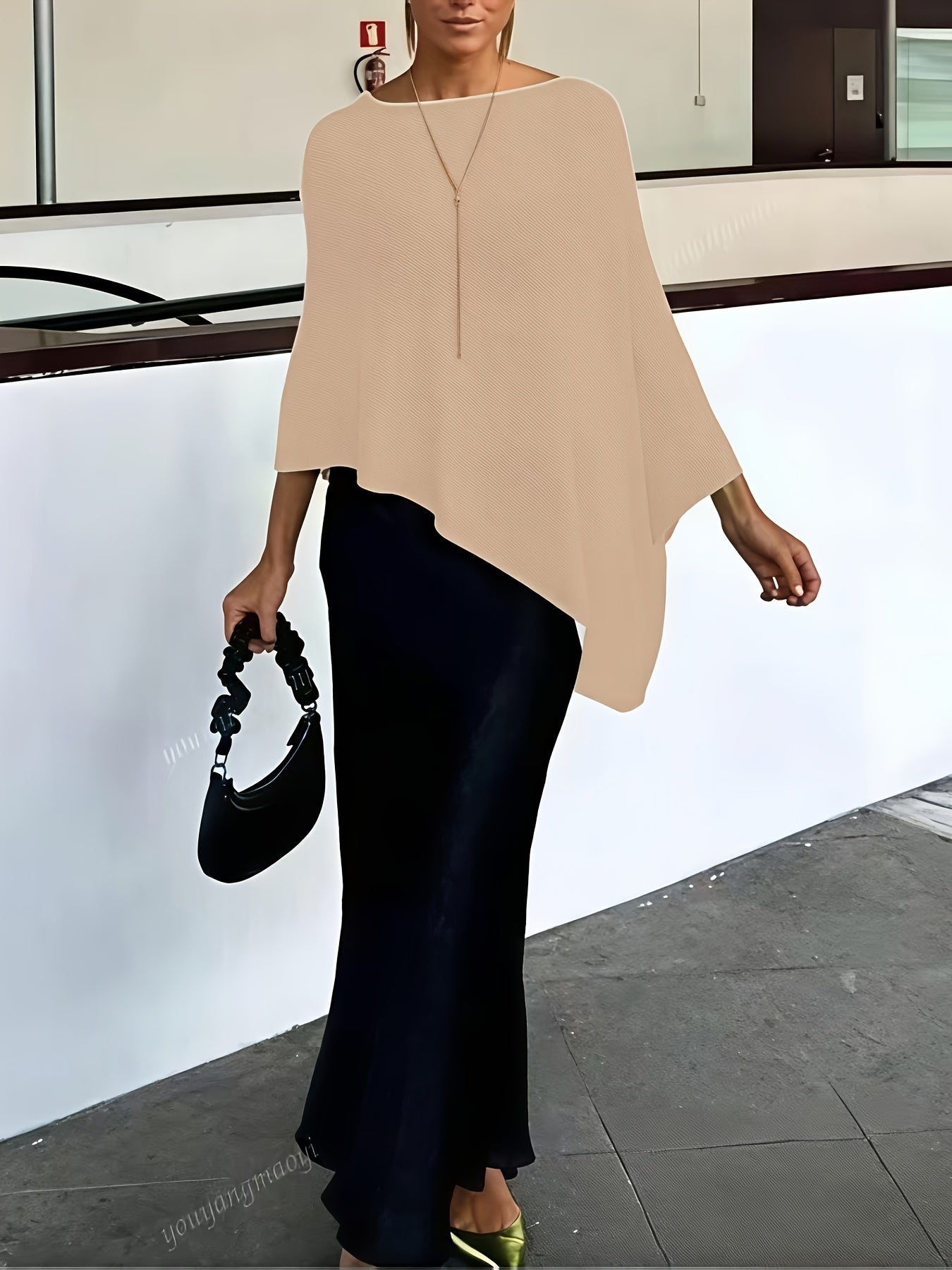 Effortless Poncho Shirt for Women with Asymmetric Hem Draped Knit Relaxed Style