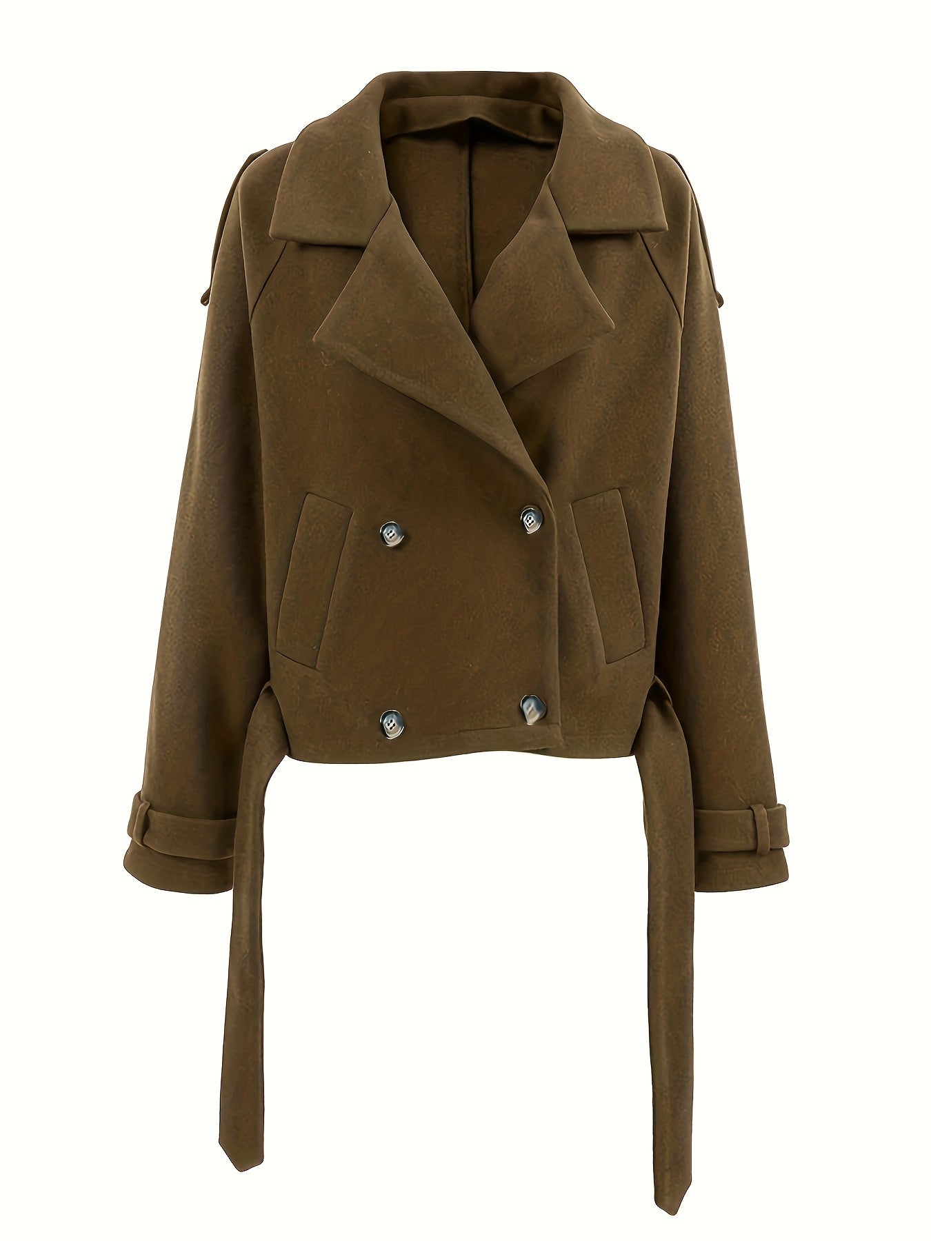 Elegant Coffee Brown Pea Coat for Women with Notch Lapel Long Sleeve Belted Oversized Style