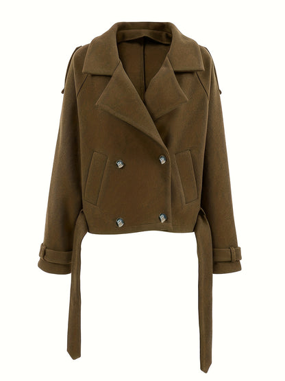 Elegant Coffee Brown Pea Coat for Women with Notch Lapel Long Sleeve Belted Oversized Style