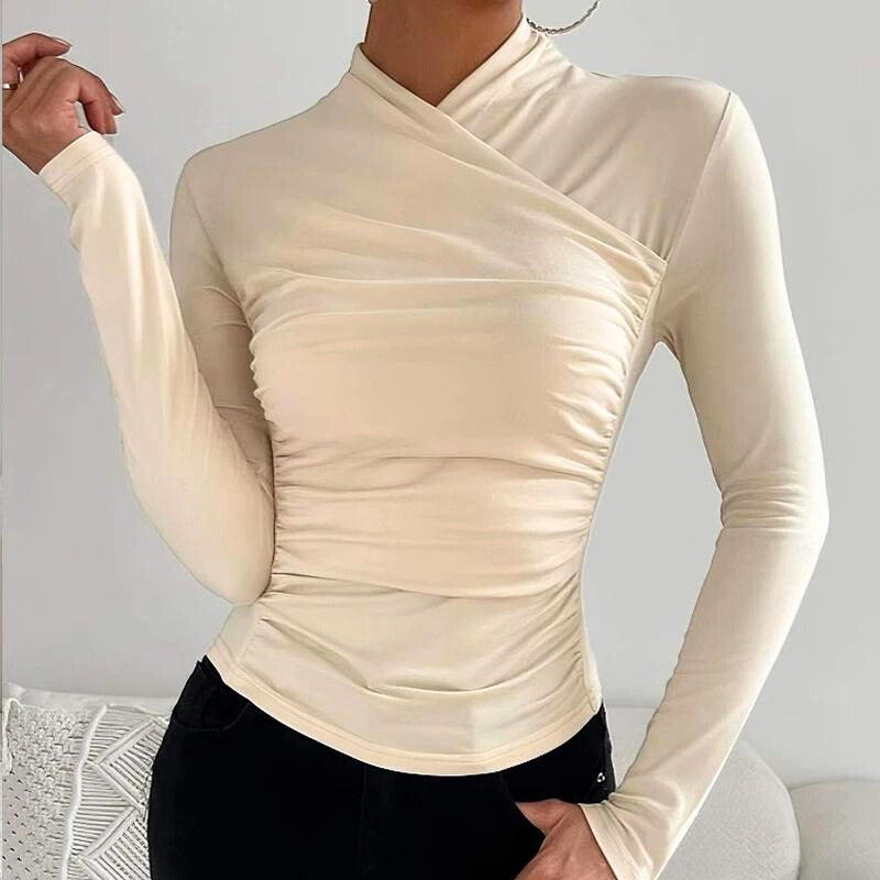 Effortless Ruched Going Out Top for Women with Wrap V Neck Long Sleeve Fitted Casual Style
