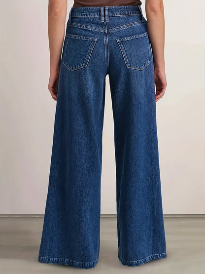 Effortless Blue Denim High Waisted Jeans for Women with Wide Leg Pintuck Seam Relaxed Style