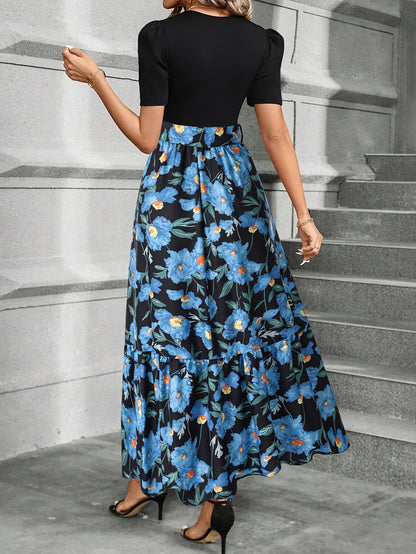 Elegant Blue And Black Dress for Women with Round Neck Puff Sleeve Floral Tiered Maxi Bohemian Style