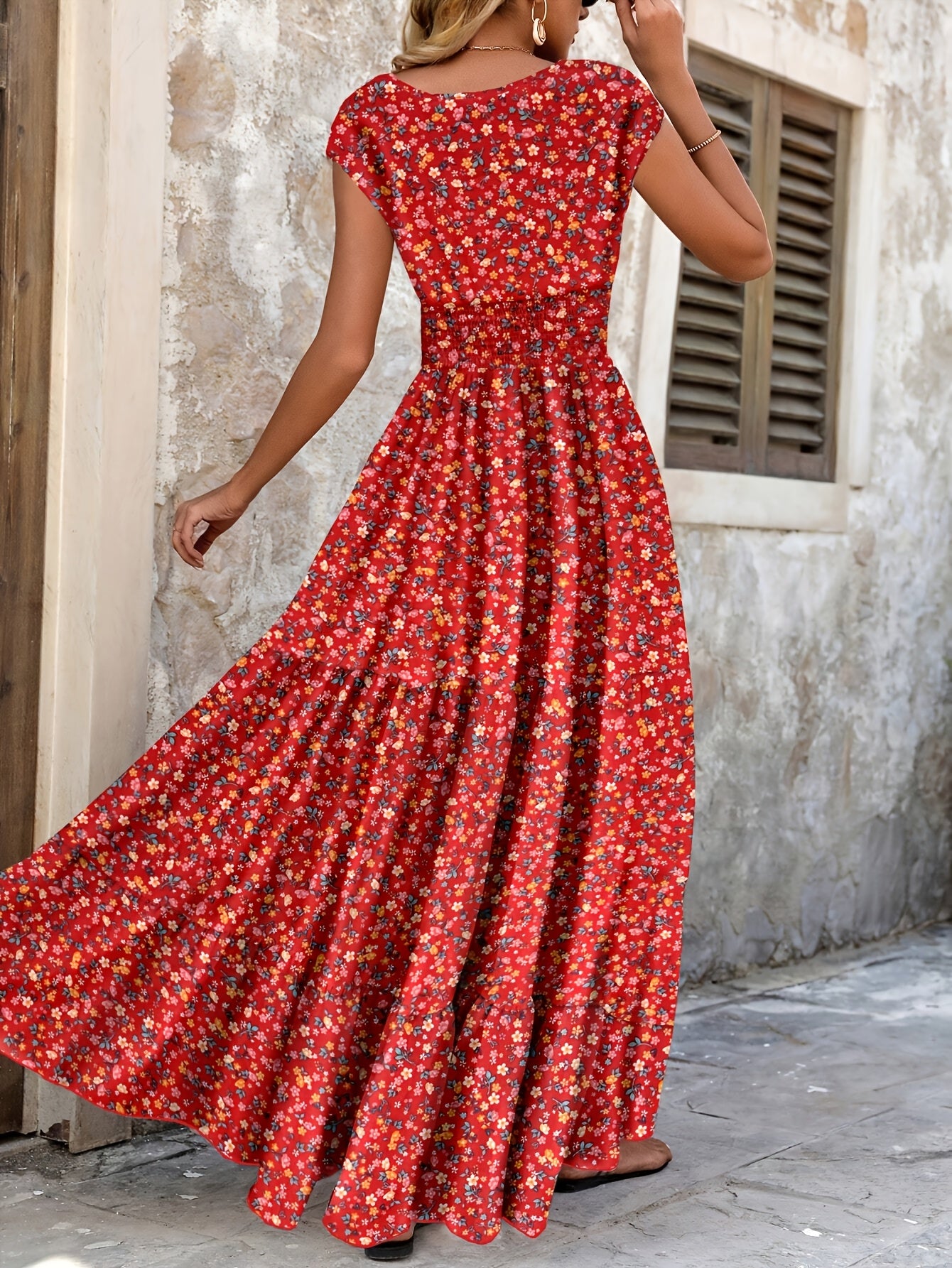 Effortless Floral Boho Dress for Women with V Neck Cap Sleeve Smocked Waist Tiered Flowing Style