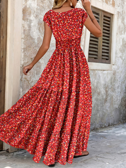 Effortless Floral Boho Dress for Women with V Neck Cap Sleeve Smocked Waist Tiered Flowing Style