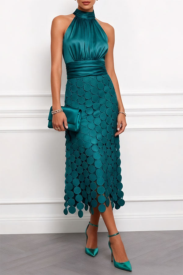 Elegant Satin Circle Cutout Midi Dress for Women with Halter Neck Sleeveless Ruched Waist Autumn Wedding Guest Style