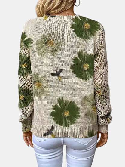 Comfortable Floral Crochet Sweater for Women with V Neck Long Sleeve Oversized Knit Style