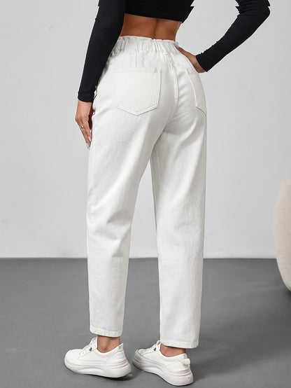 Effortless White Jeans for Women with Paperbag Waist Tapered Ankle Length Casual Style