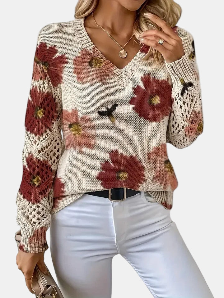 Comfortable Floral Crochet Sweater for Women with V Neck Long Sleeve Oversized Knit Style