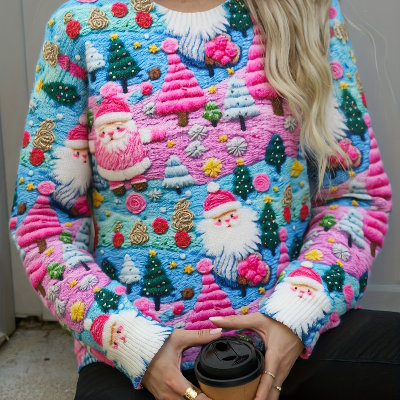Cozy Christmas Tacky Sweater for Women with Crew Neck Long Sleeve Santa Print Oversized Knit Style