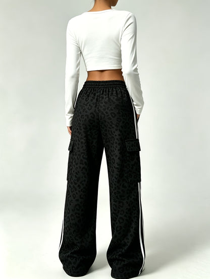 Effortless Leopard Print Cargo Pants for Women with High Waist Drawstring Wide Leg Relaxed Style