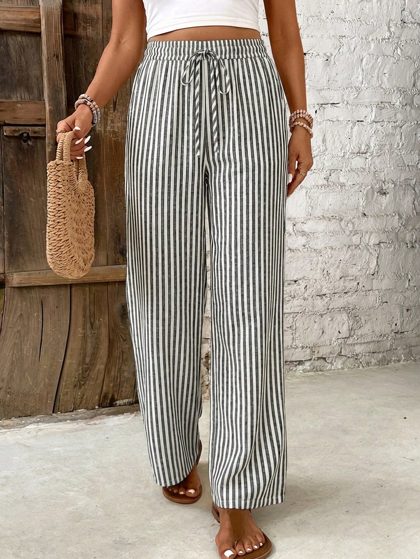 Effortless Striped Linen Wide Leg Pants for Women with High Waist Drawstring Flowing Casual Style
